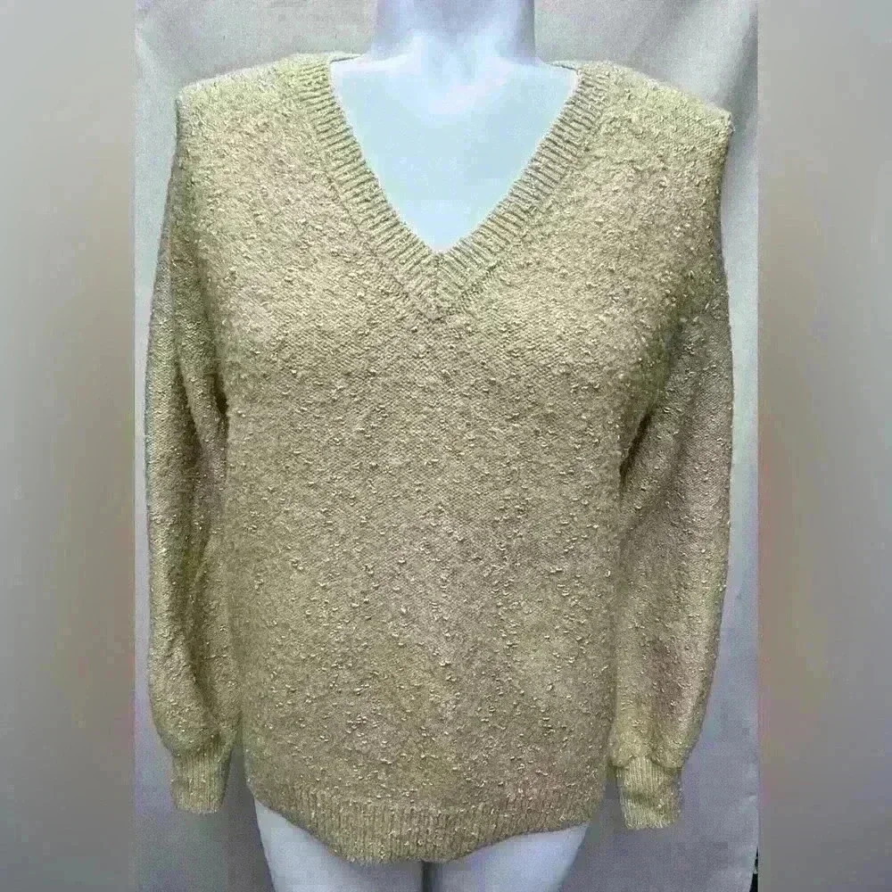 Loft Gold Metallic V Neck Sweater Size Small